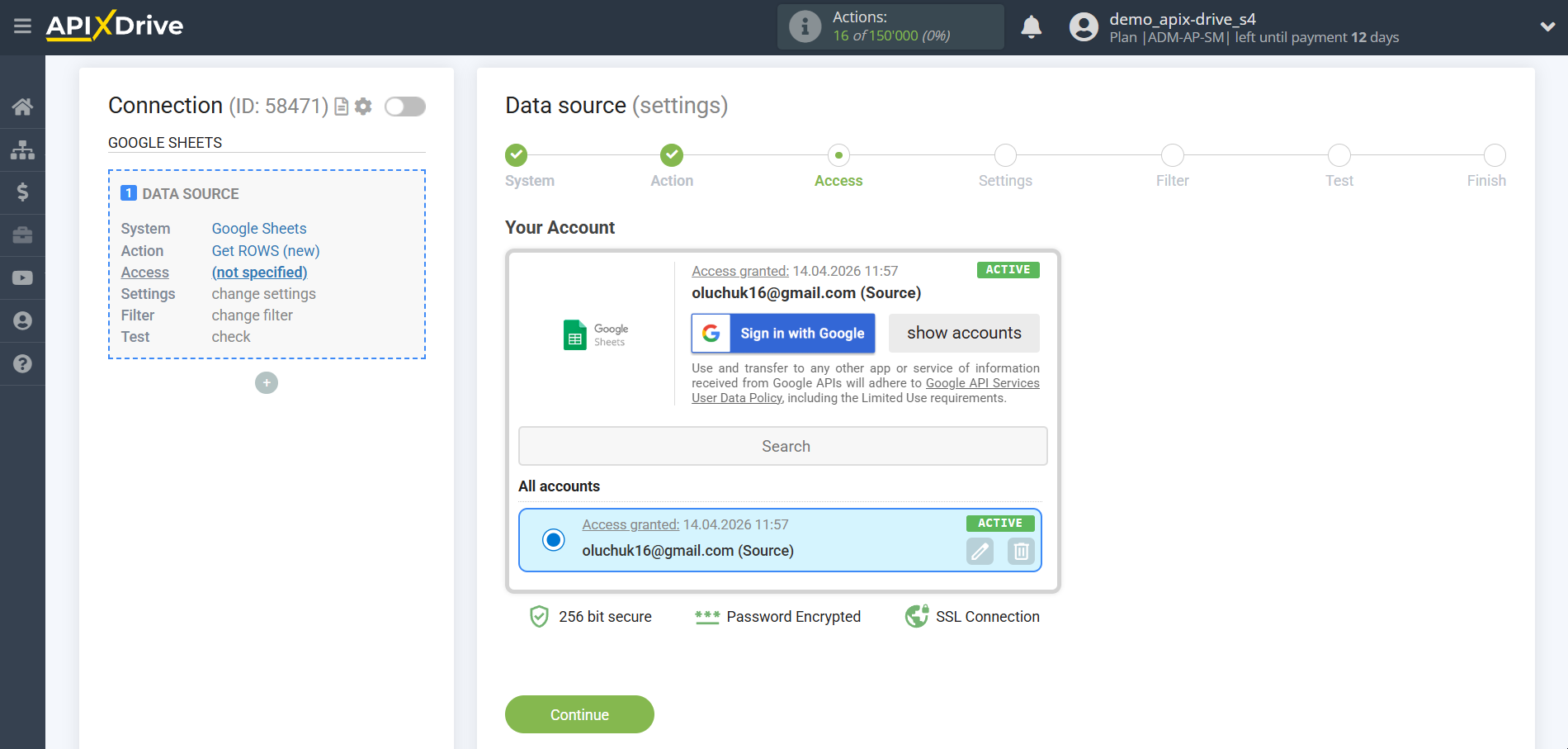 Setting up Gemini in Google Sheets | Account selection