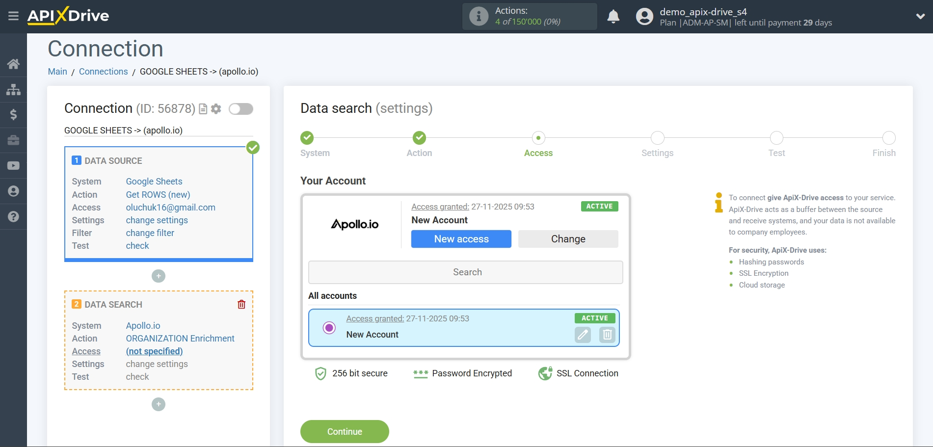 Setting Search to Verification Email Apollo.io in Google Sheets | Entering data for access and connection Setting Search to Verification Email Apollo.io in Google Sheets | Entering data for access and connection