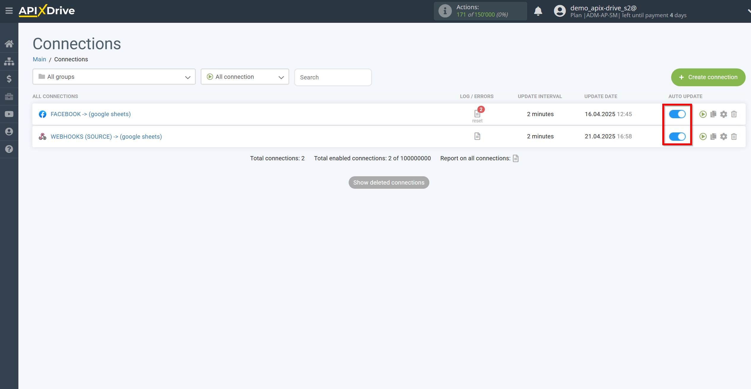 Resending data | Enable auto-update for both connections Resending data | Enable auto-update for both connections