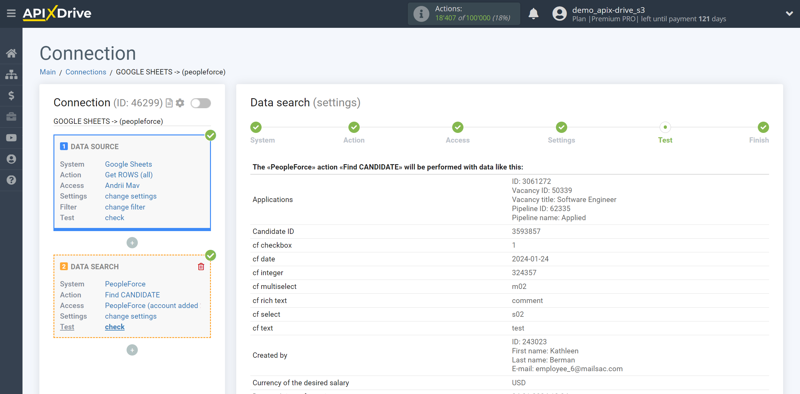 Setting up PeopleForce Candidate Search in Google Sheets | Test data