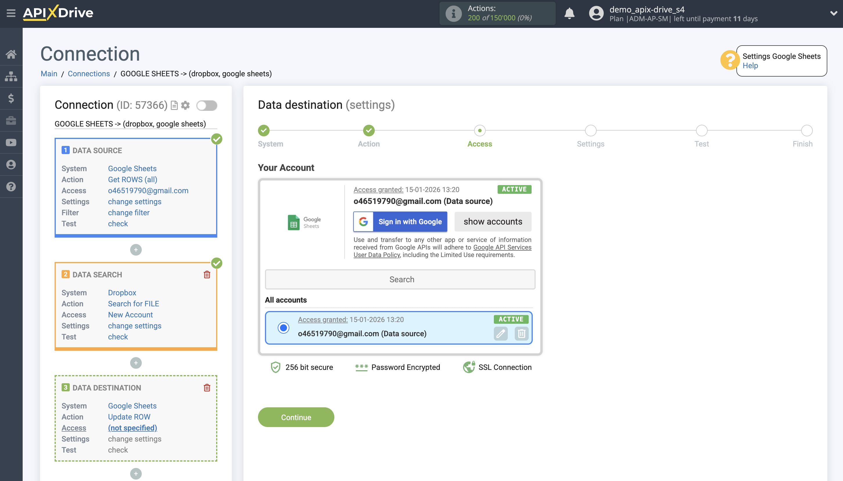 Setting up Dropbox Contact Search in Google Sheets | Account selection