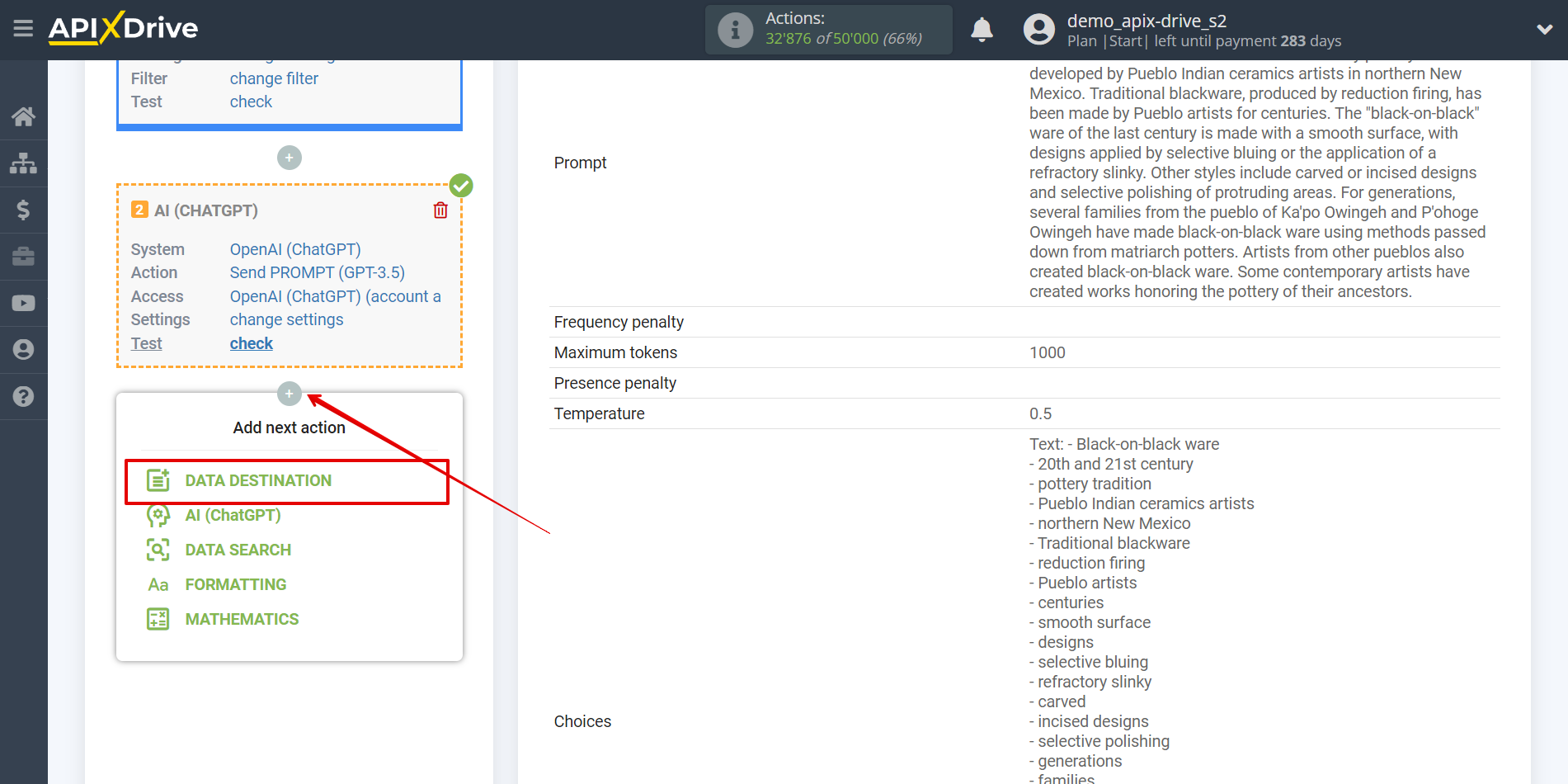 Setting up extracting keywords with OpenAI (ChatGPT) | Selecting a data destination system