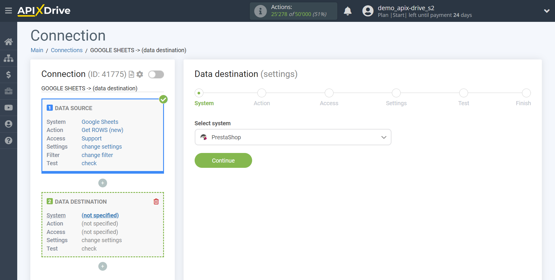 How to Connect PrestaShop as Data Destination | System selection