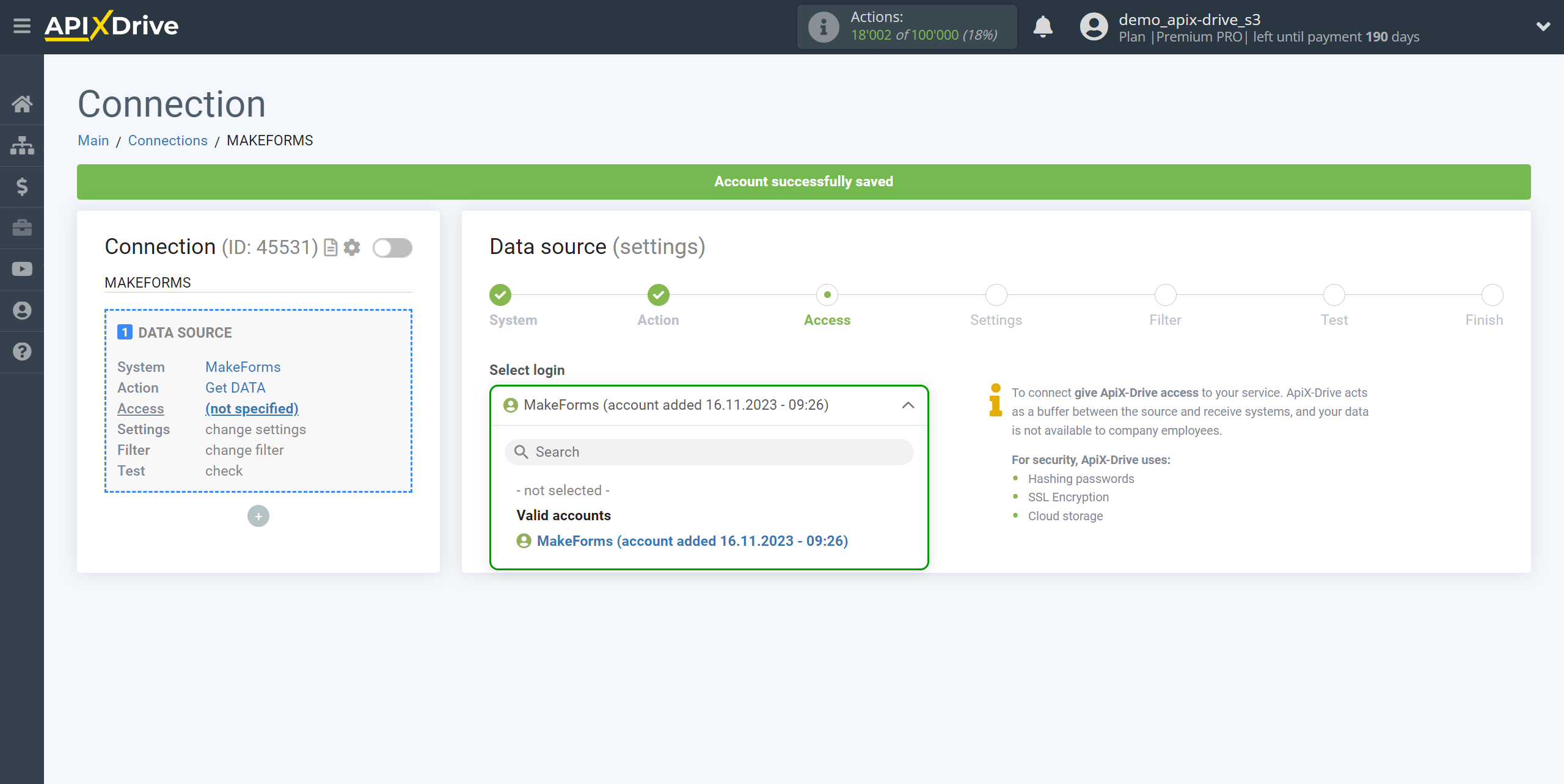 How to Connect MakeForms as Data Source | Account selection