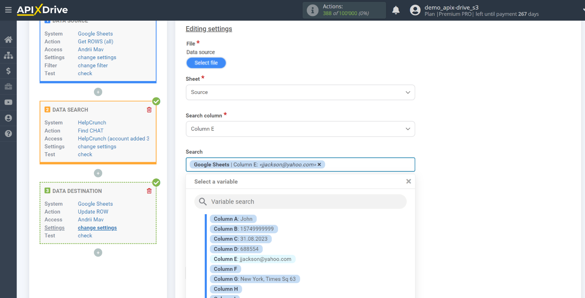 Setting up HelpCrunch Chat Search in Google Sheets | Assigning fields