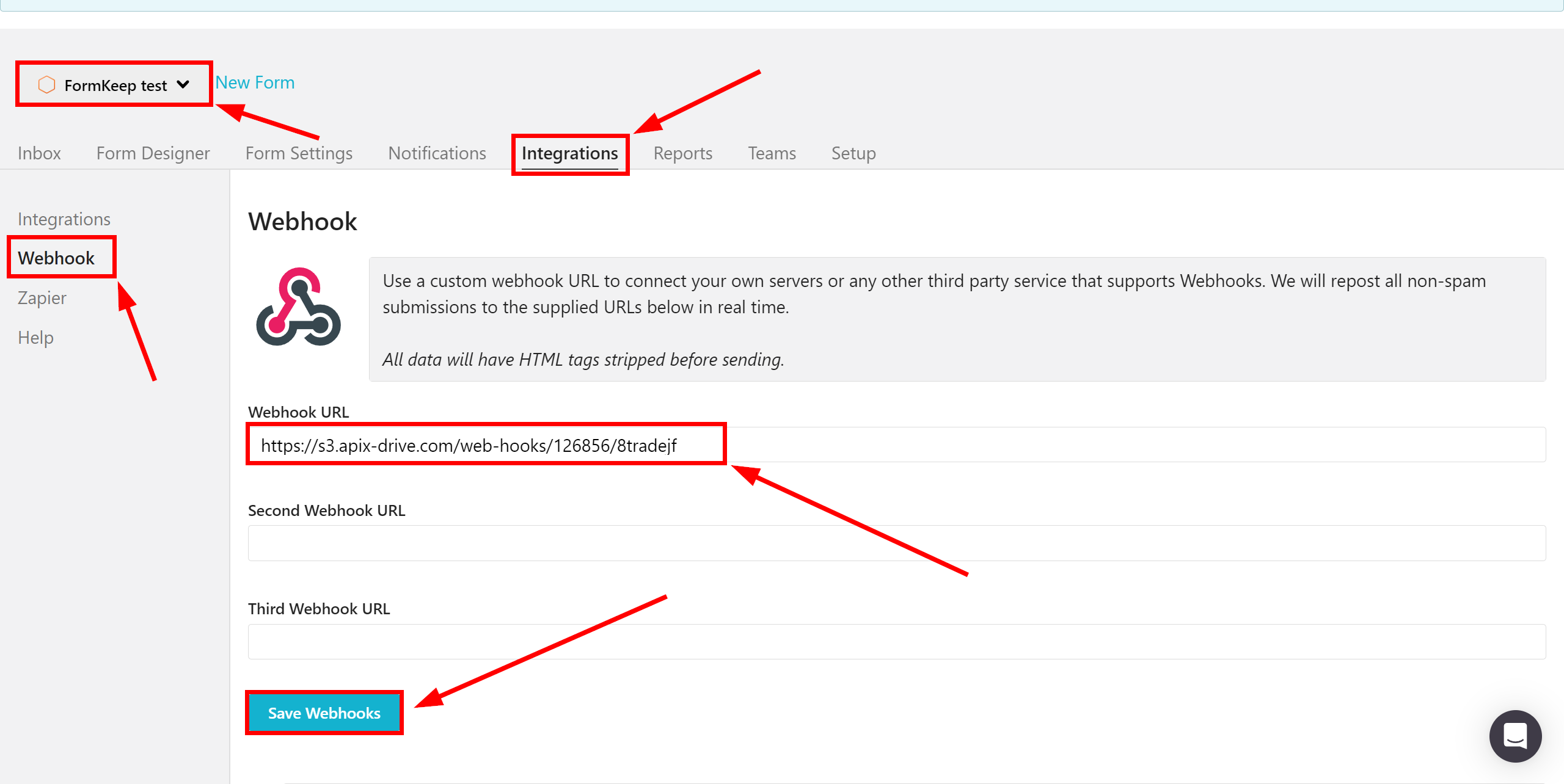 How to Connect FormKeep as Data Source | Settings Webhooks