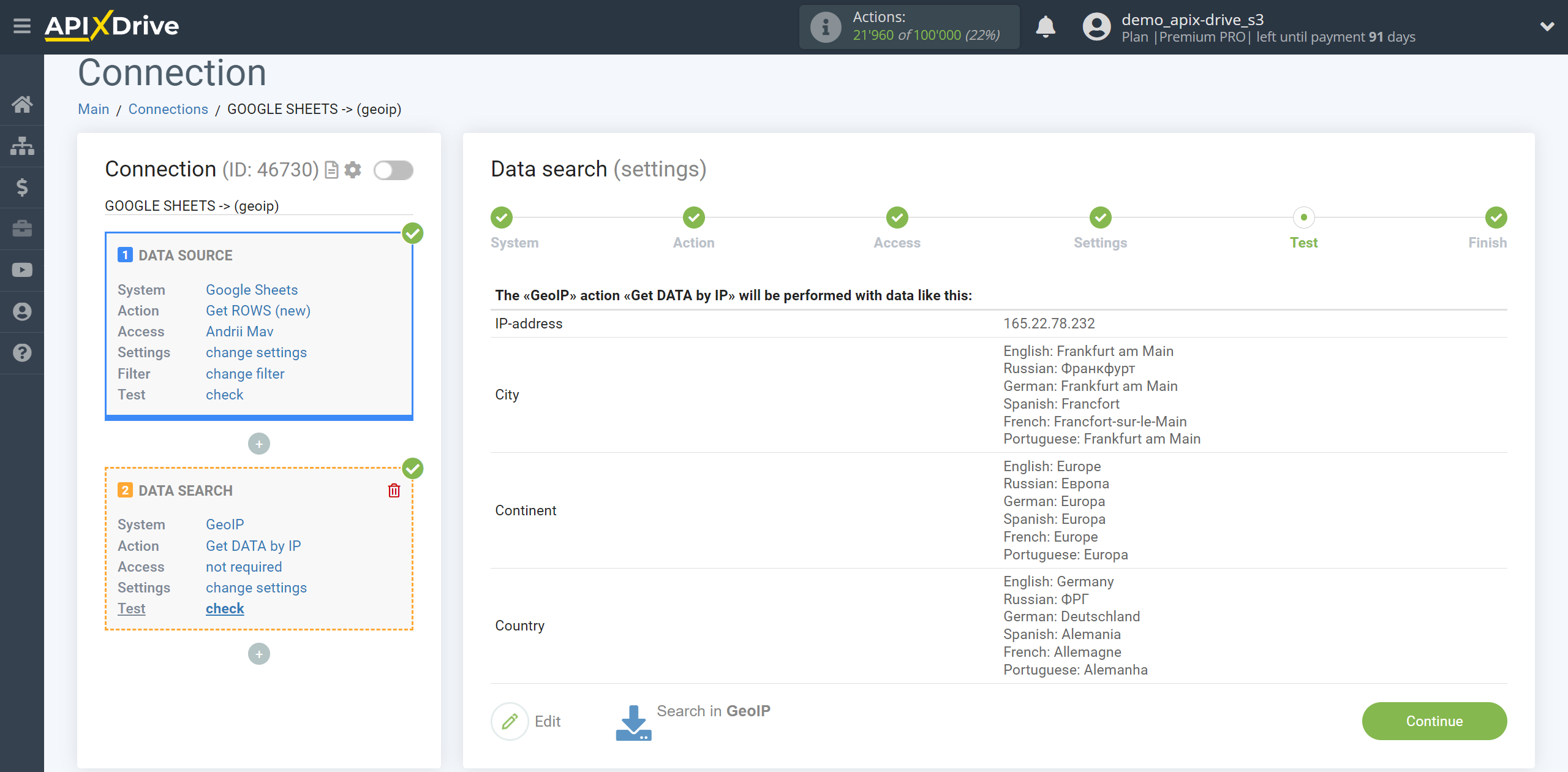 Setting up GeoIP Data Search in Google Sheets | Test data