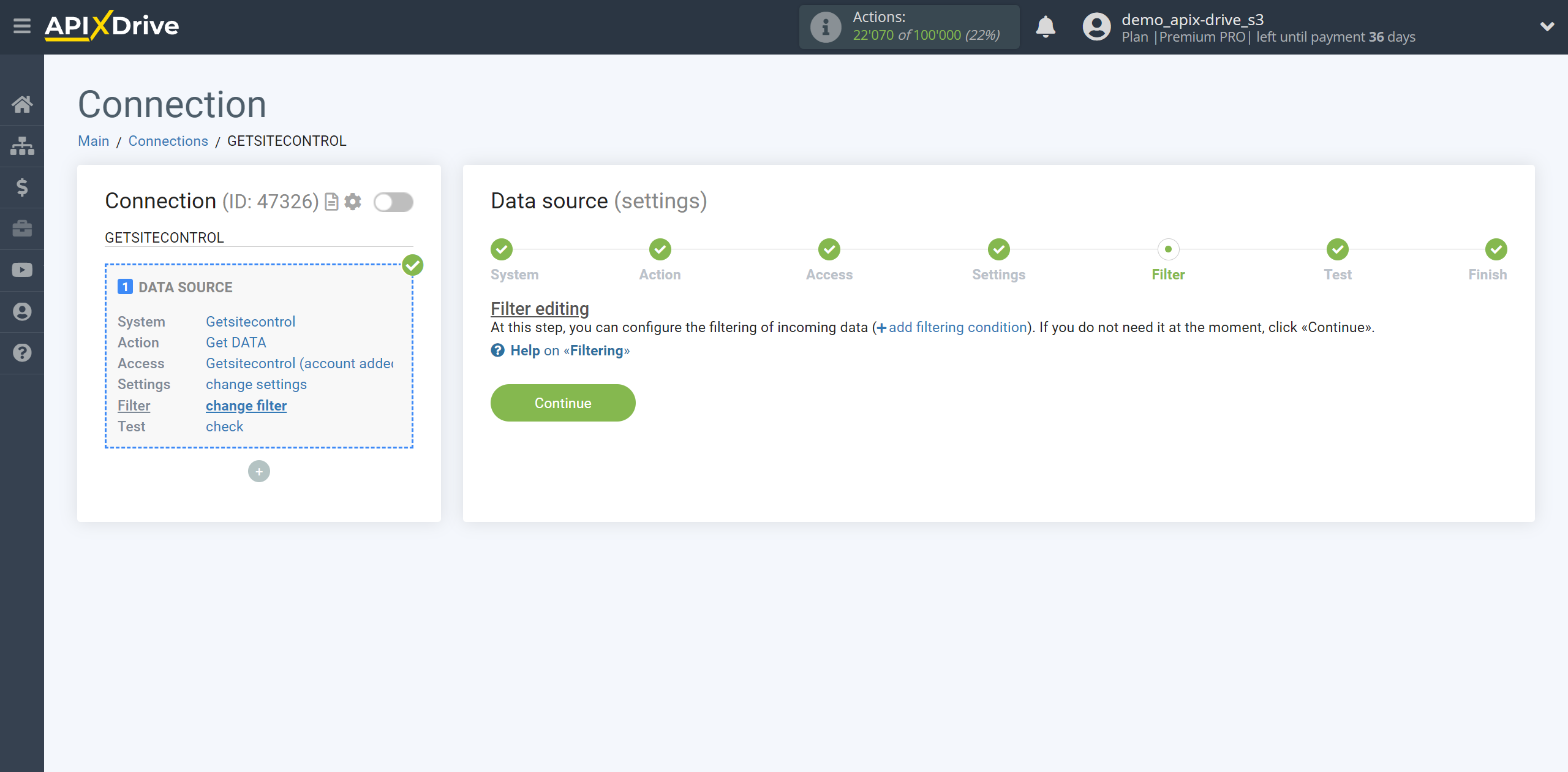 How to Connect Getsitecontrol as Data Source | Data Filter