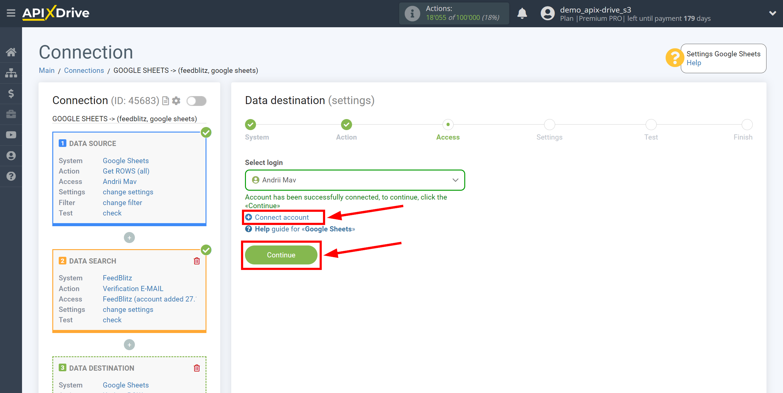 Setting Search to Verification E-MAIL FeedBlitz in Google Sheets | Account selection