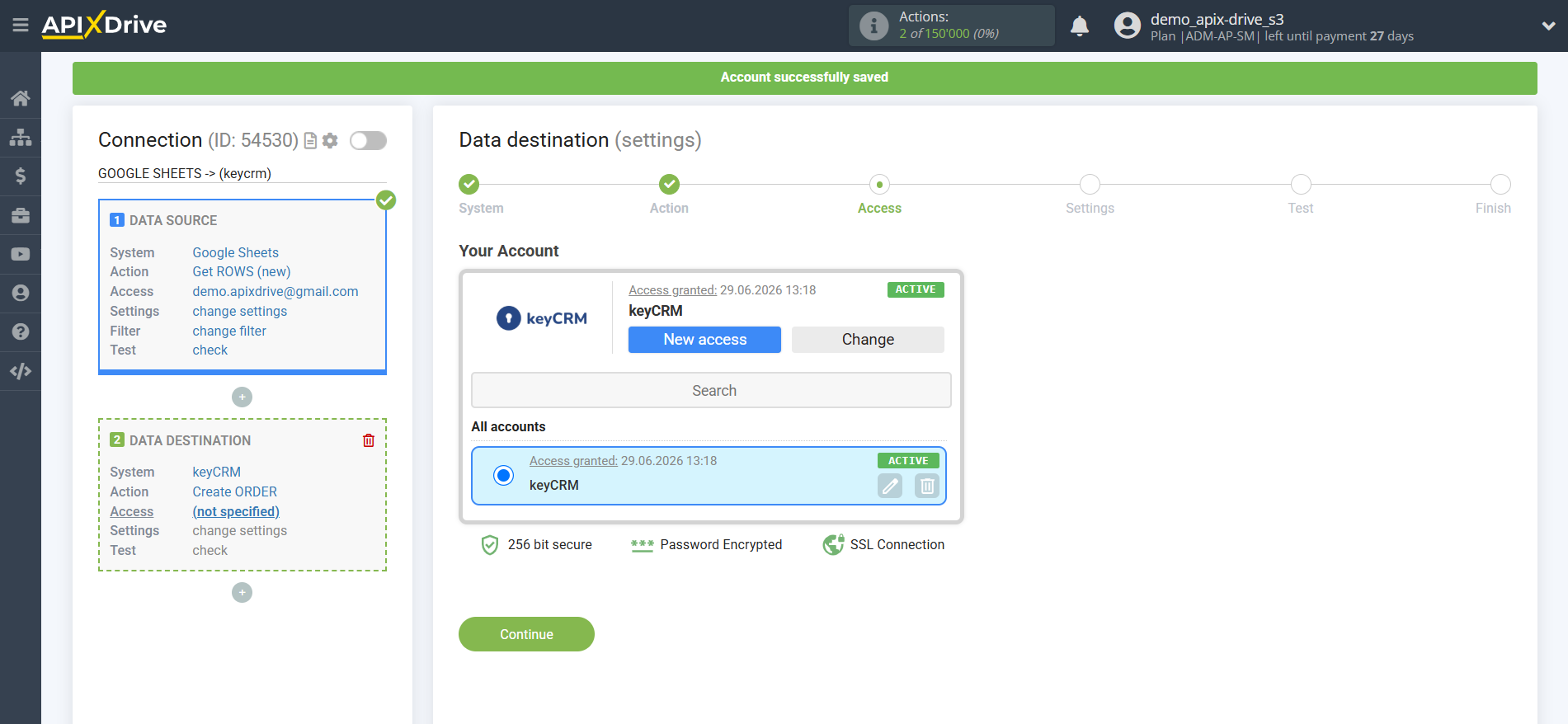How to Connect KeyCRM as Data Destination | Account selection
