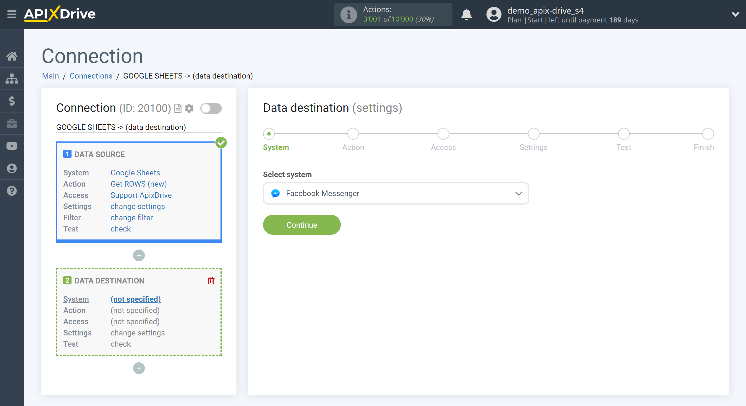 How to Connect Facebook Messenger as Data Destination | System selection