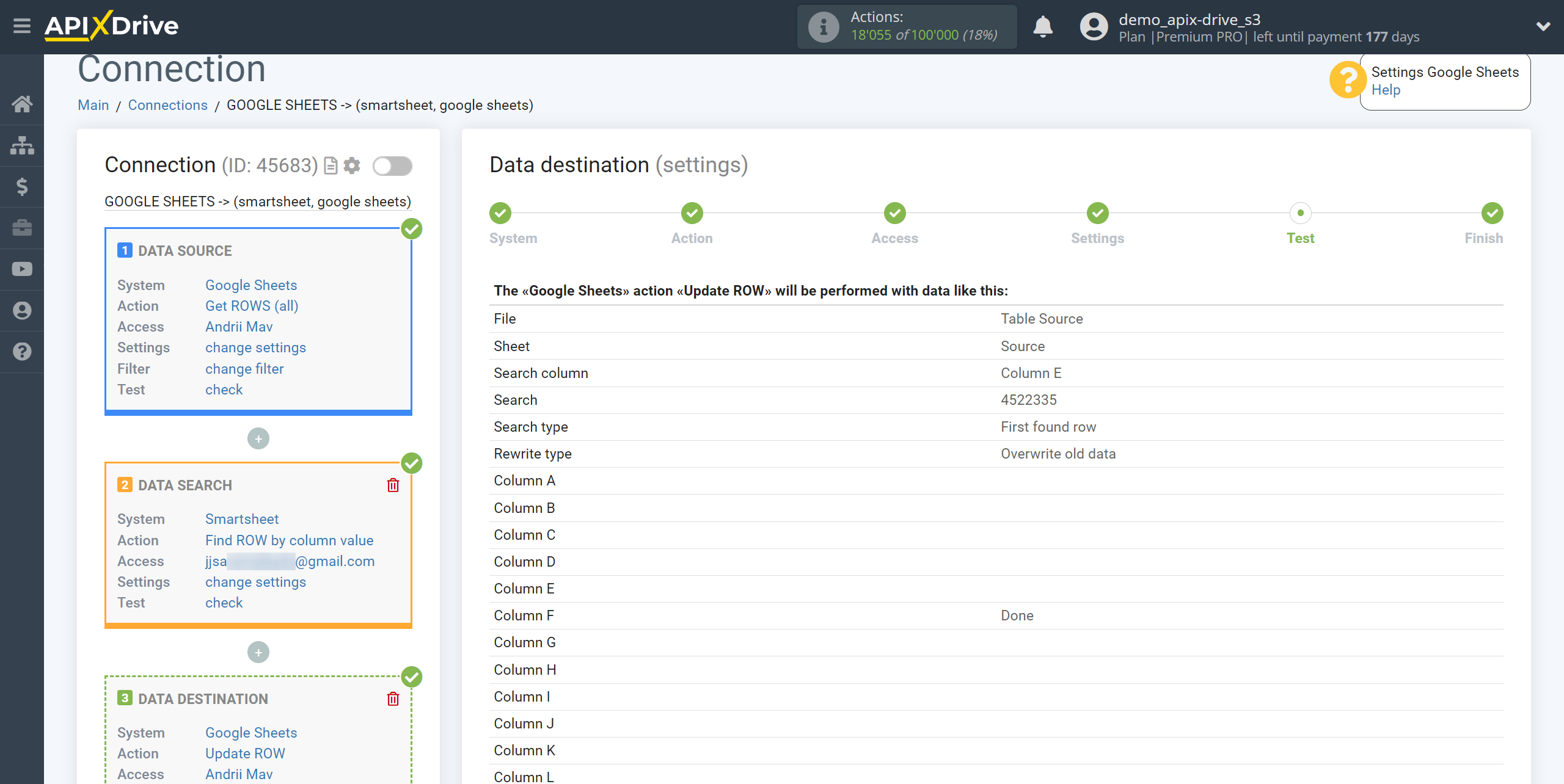 Setting Smartsheet Rows Search in Google Sheets | Test data