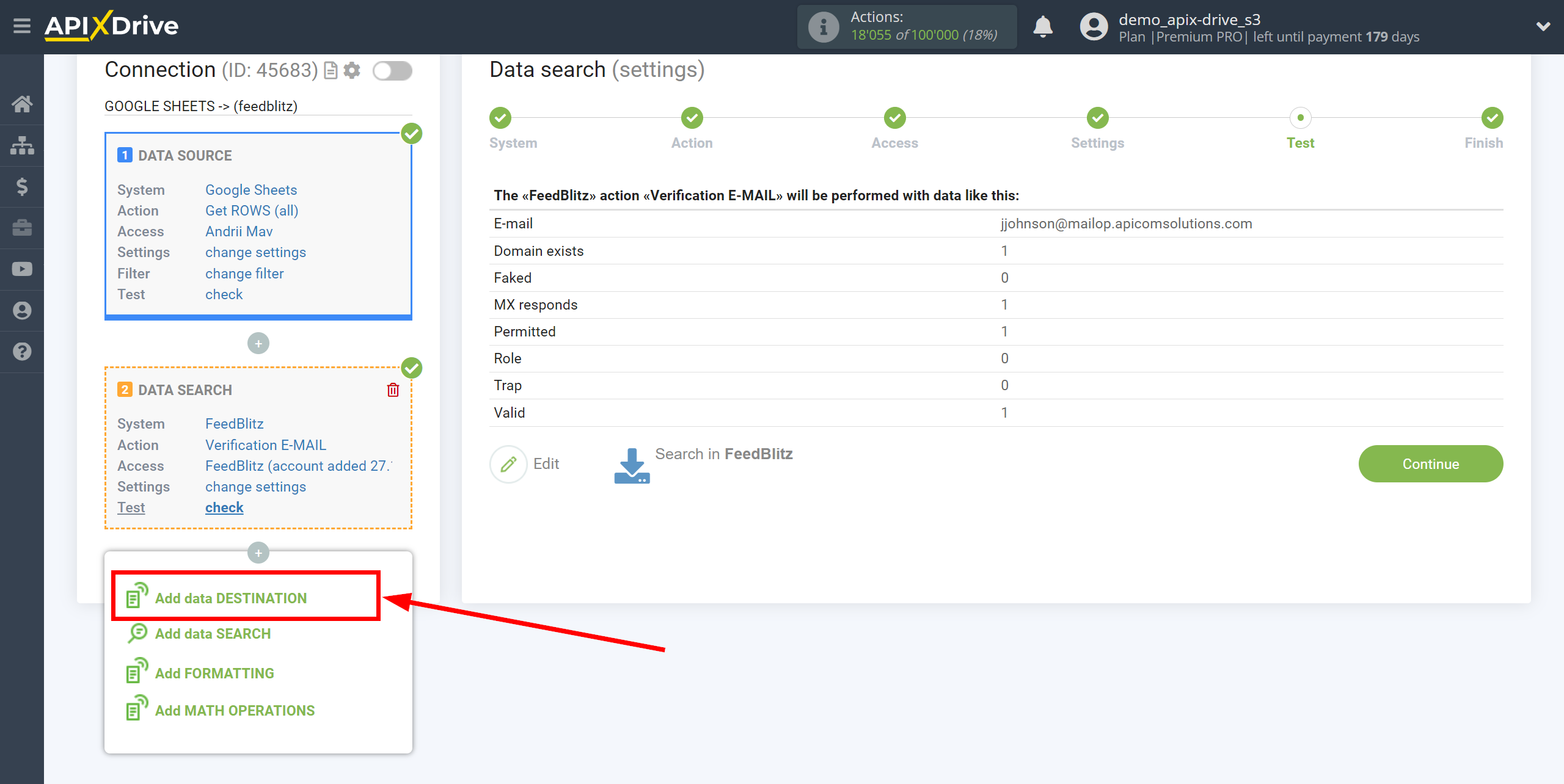 Setting Search to Verification E-MAIL FeedBlitz in Google Sheets | Setup Data Destination system