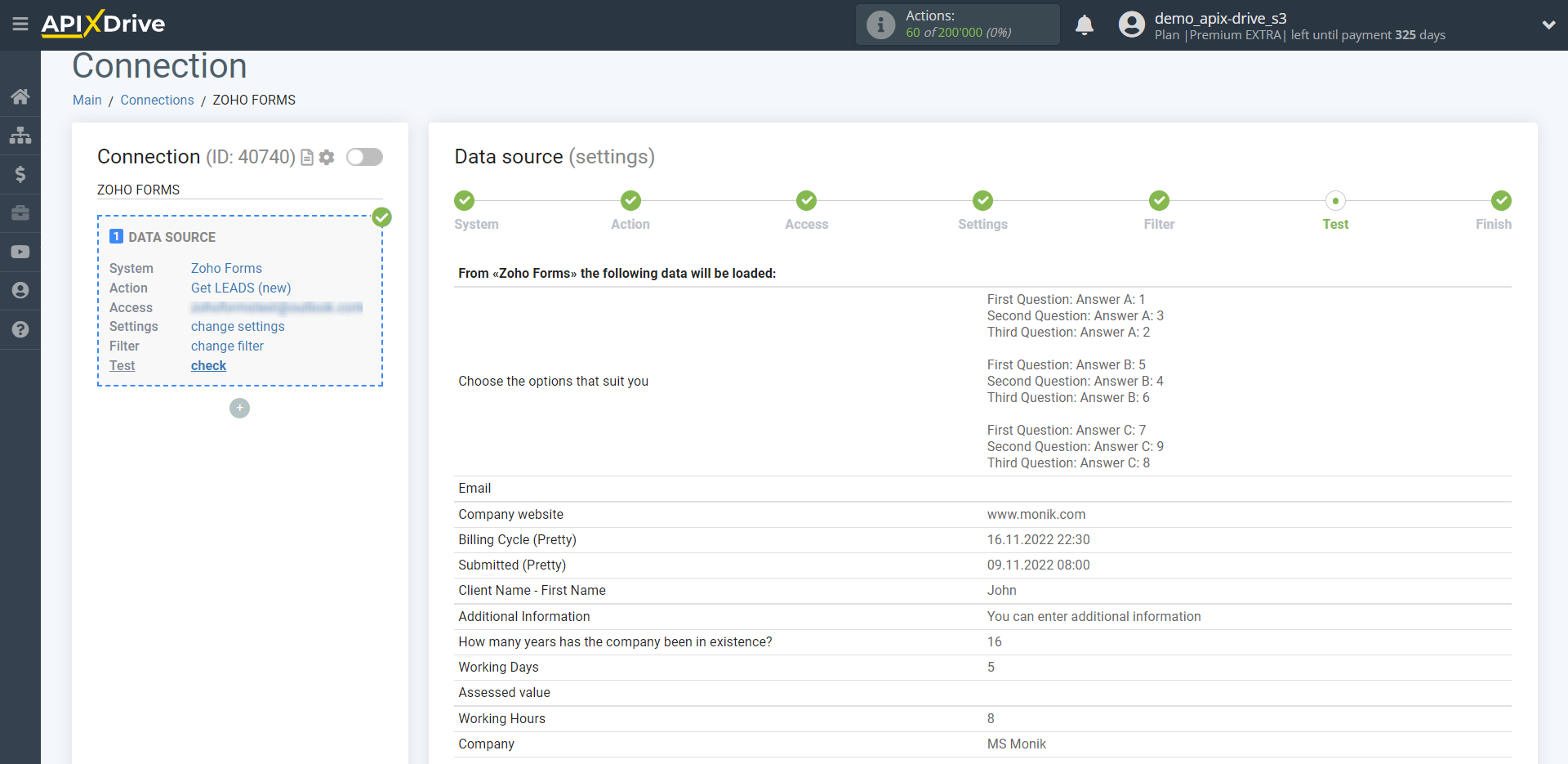 How to Connect Zoho Forms as Data Source | Test data