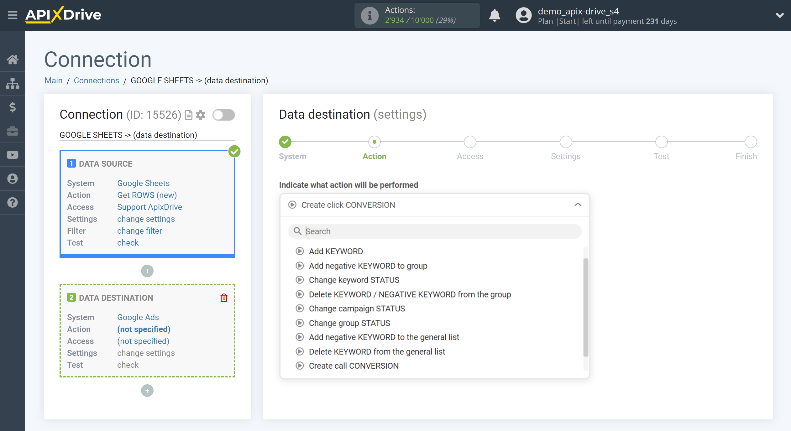 How to Connect Google Ads as Data Destination | Action selection