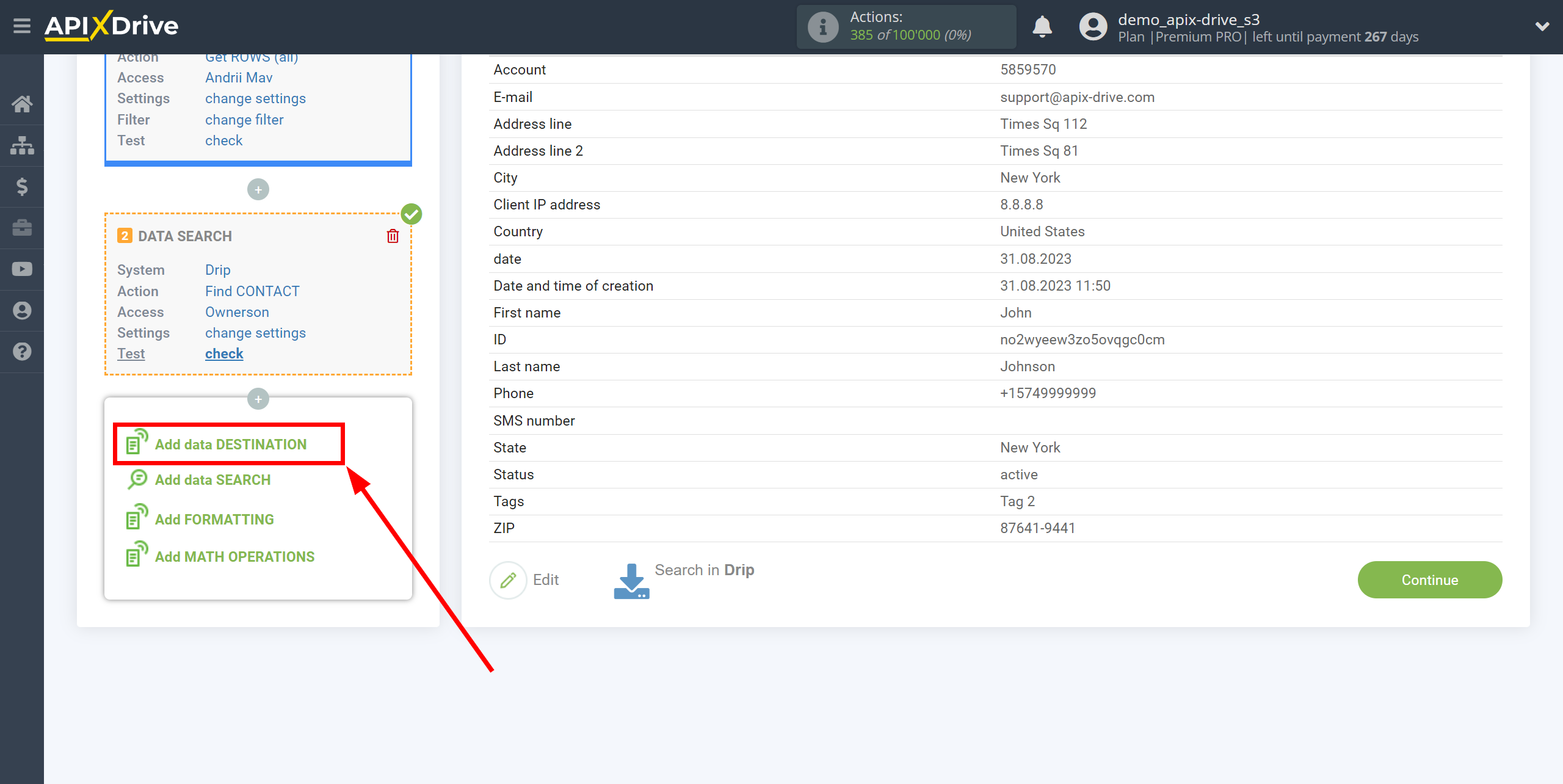 Setting up Drip Contact Search in Google Sheets | Setup Data Destination system