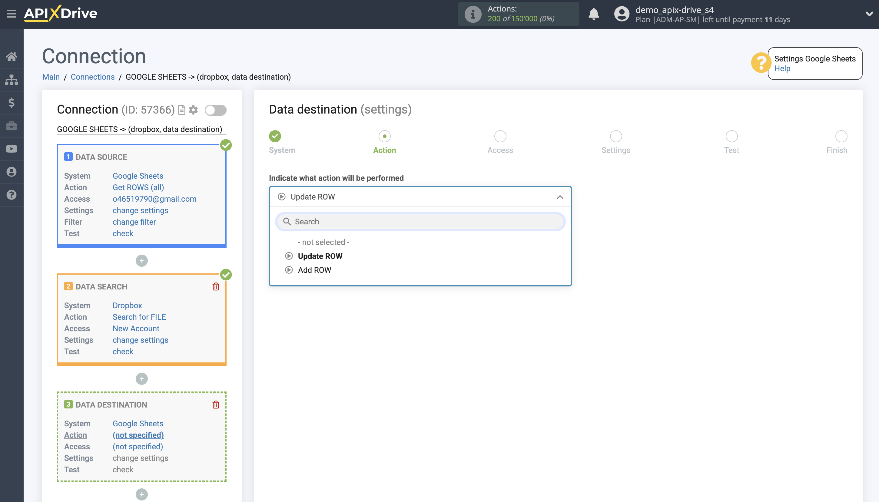 Setting up Dropbox Contact Search in Google Sheets | Action selection