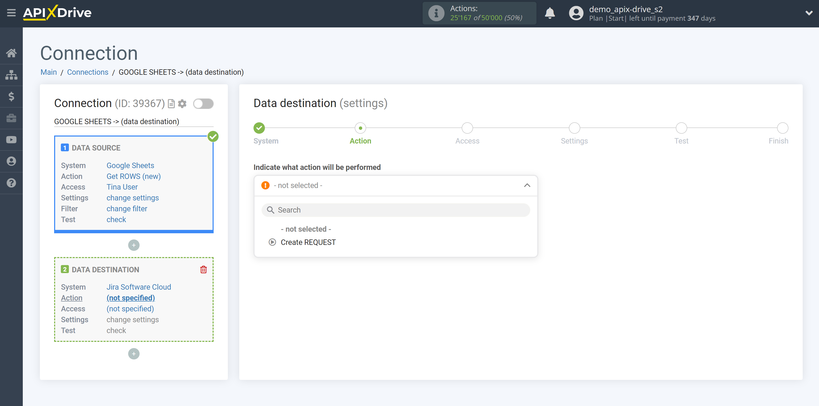 How to Connect Jira Software as Data Destination | Action selection