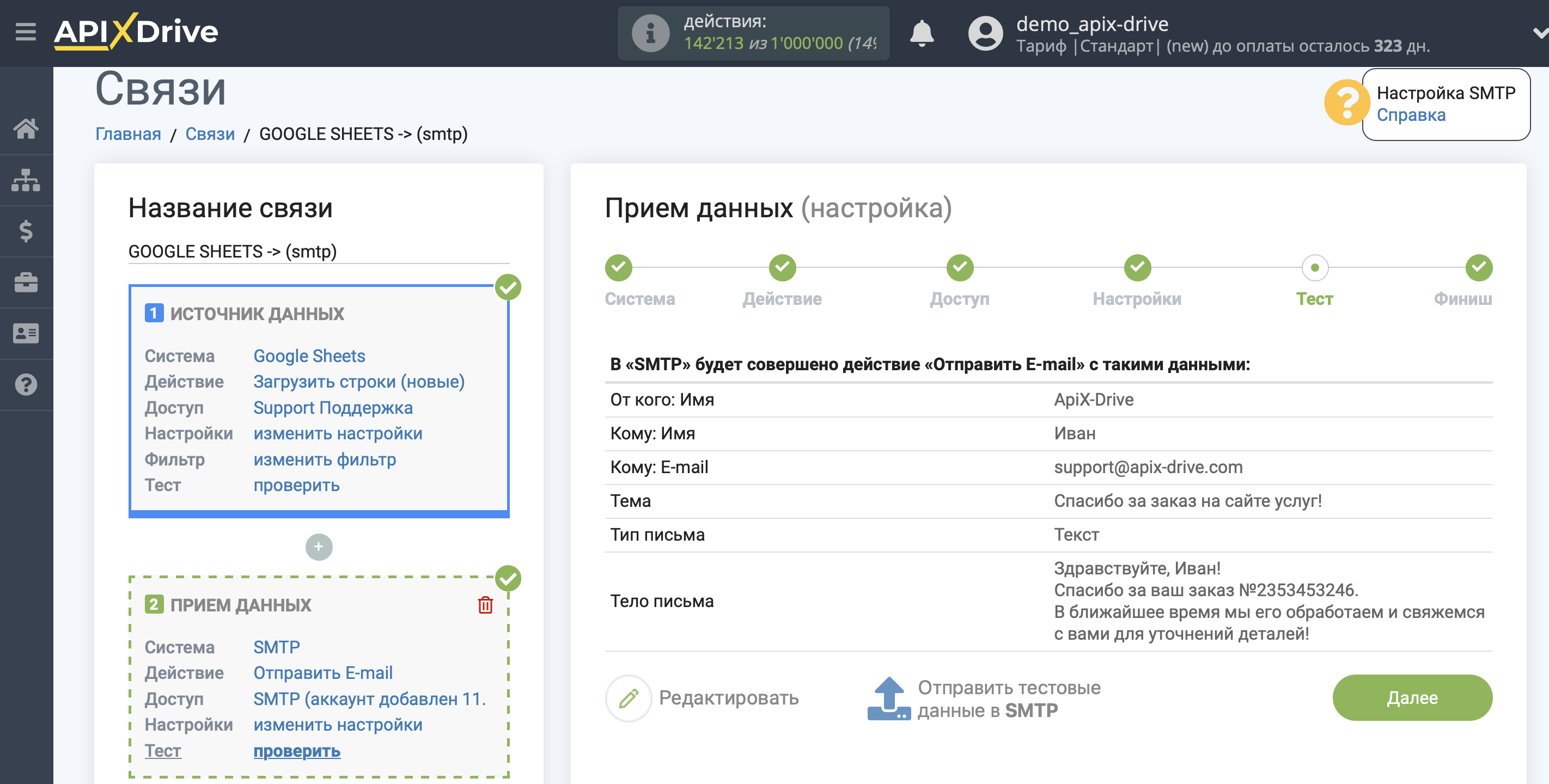 Настройка SMTP в качестве Приема данных | Тестовые данные