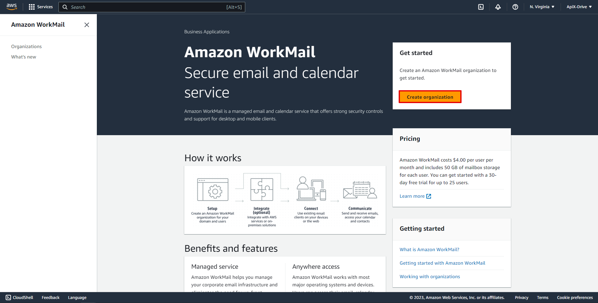 Настройка Приема данных Amazon Workmail | Создание организации