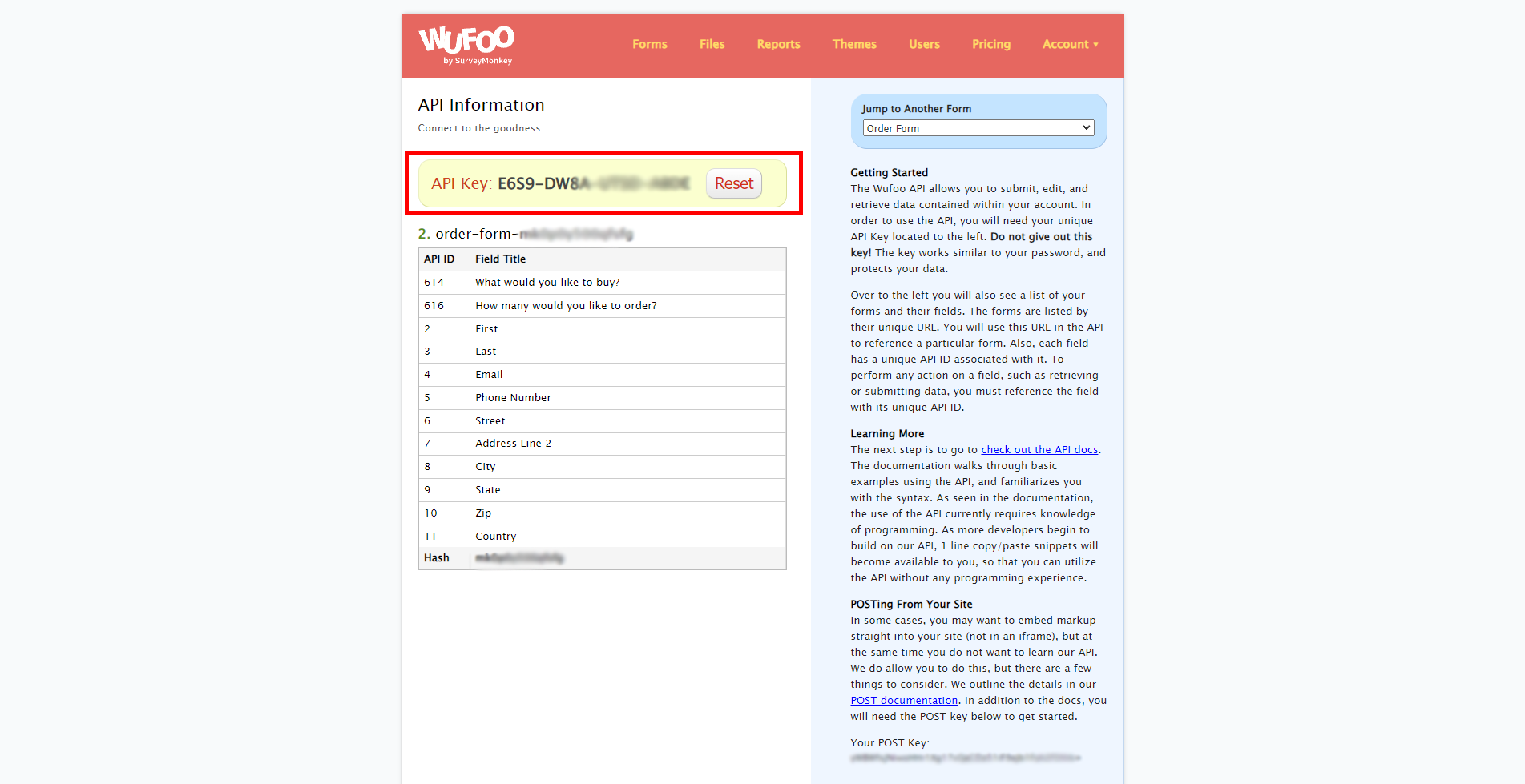 Настройка WuFoo | Копирование API ключа WuFoo