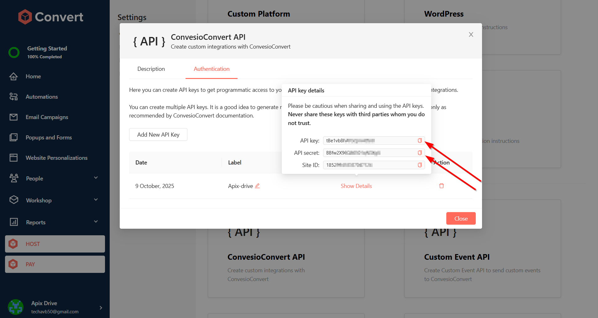 Настройка Поиска Контакта ConvesioConvert в Google Sheets | Расположение ID користувача API и Ключ API в ConvesioConvert