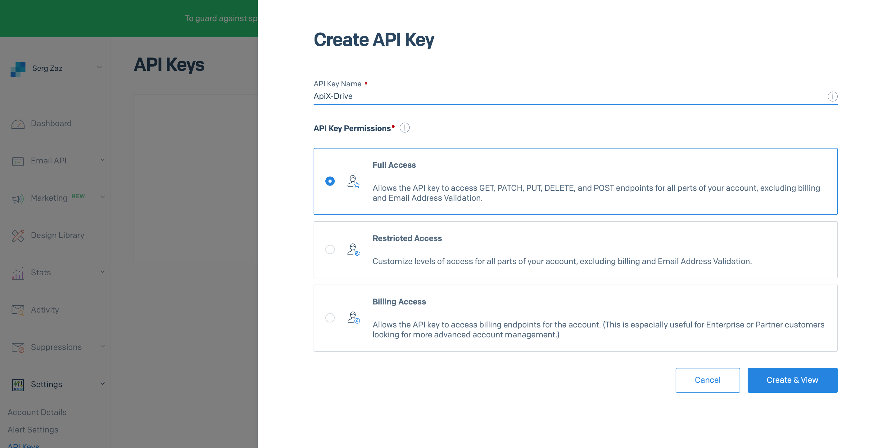 Настройка Приема данных в SendGrid | Переход к настройкам API Ключей