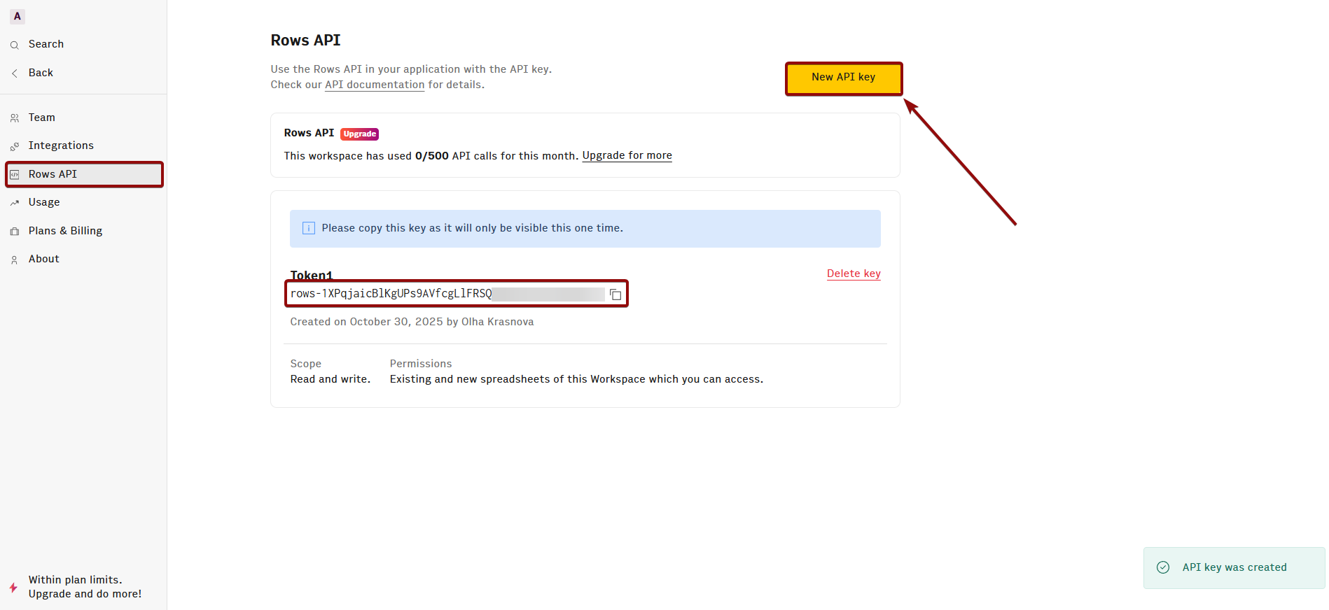 Настройка Rows | Расположение ключа API в Rows Настройка Rows | Расположение ключа API в Rows