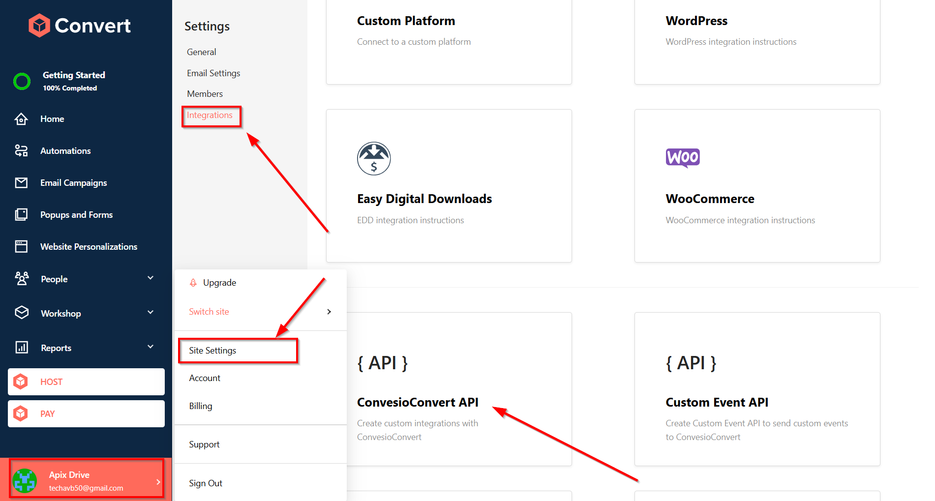 Настройка Поиска Контакта ConvesioConvert в Google Sheets | Расположение ID користувача API и Ключ API в ConvesioConvert