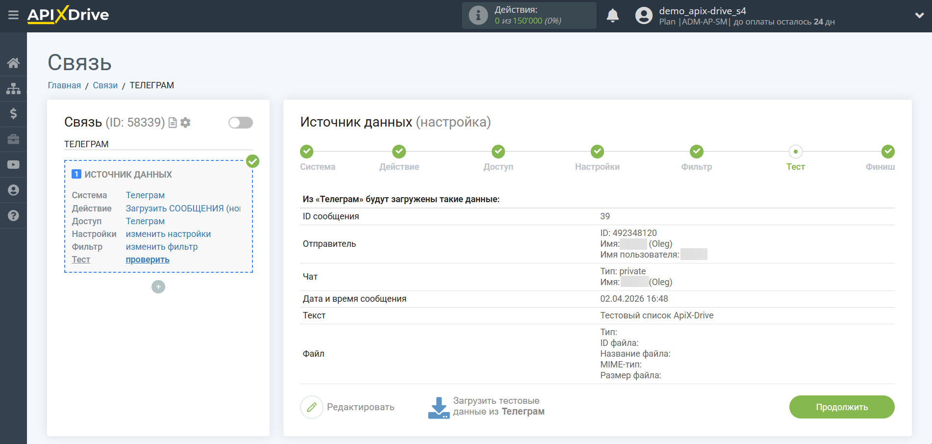 Настройка Телеграм | Тестовые данные