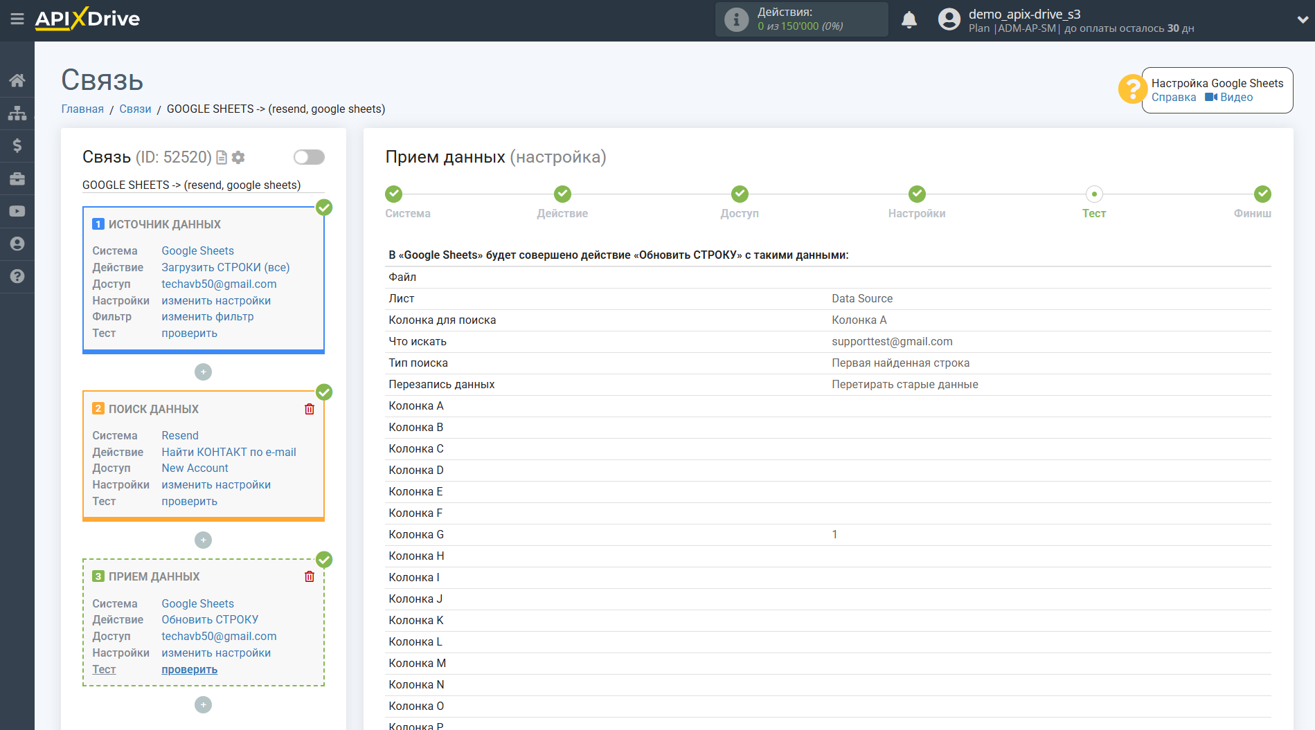 Настройка Поиска Контакта Resend в Google Sheets | Тестовые данные