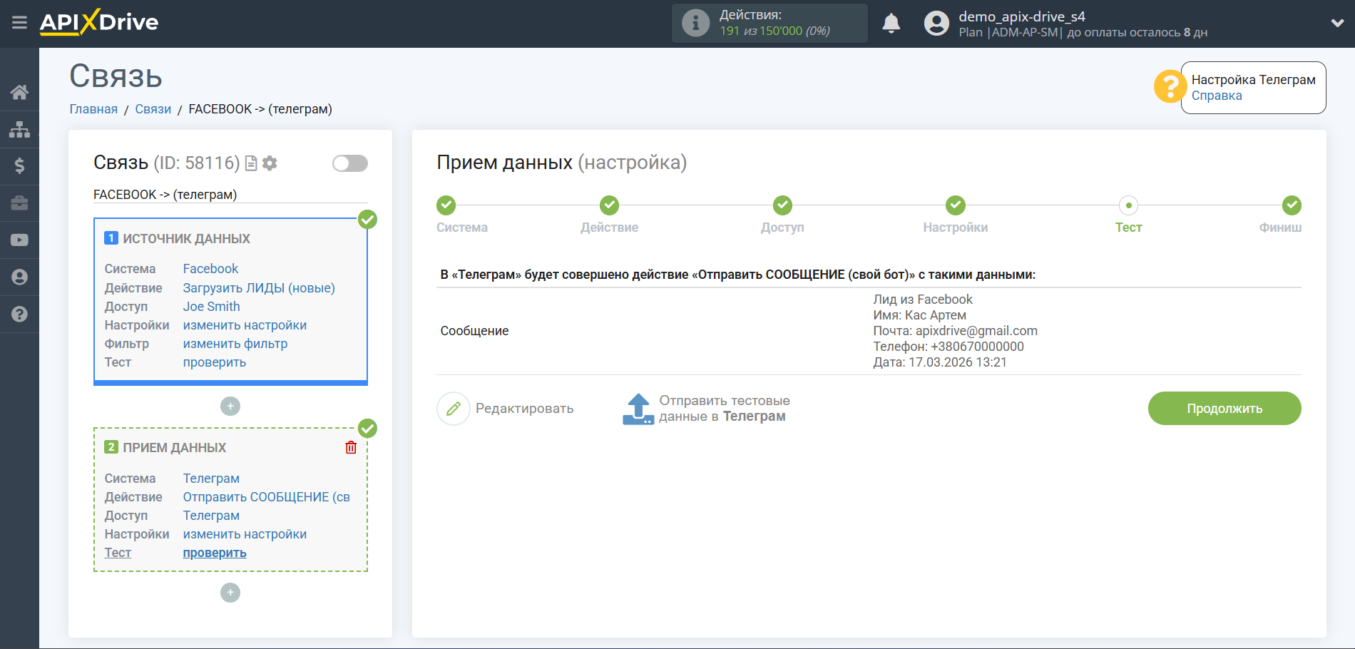 Настройка Приема данных в Телеграм | Тестовые данные
