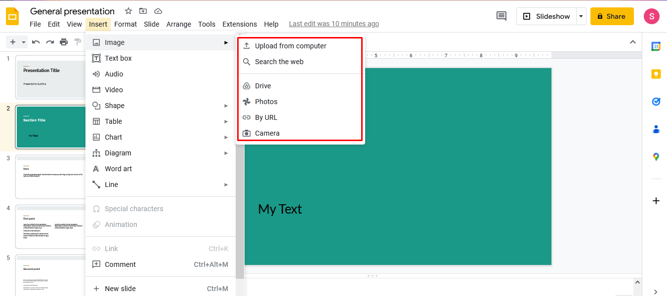  Обзор Google Slides | Добавление изображения</p>
<p>» /></p>
<p><b>Аудио.</b> В панели инструментов сервиса доступна опция добавления аудиозаписей: &ldquo;Вставка&rdquo; – &rdquo;Аудио&rdquo; в верхнем меню. Возможна загрузка с облака или устройства. Также есть возможность добавить аудио в виде ссылки на трек с платформы потоковой музыки: Spotify, SoundCloud, Apple Music или других.</p>
<p><img decoding=