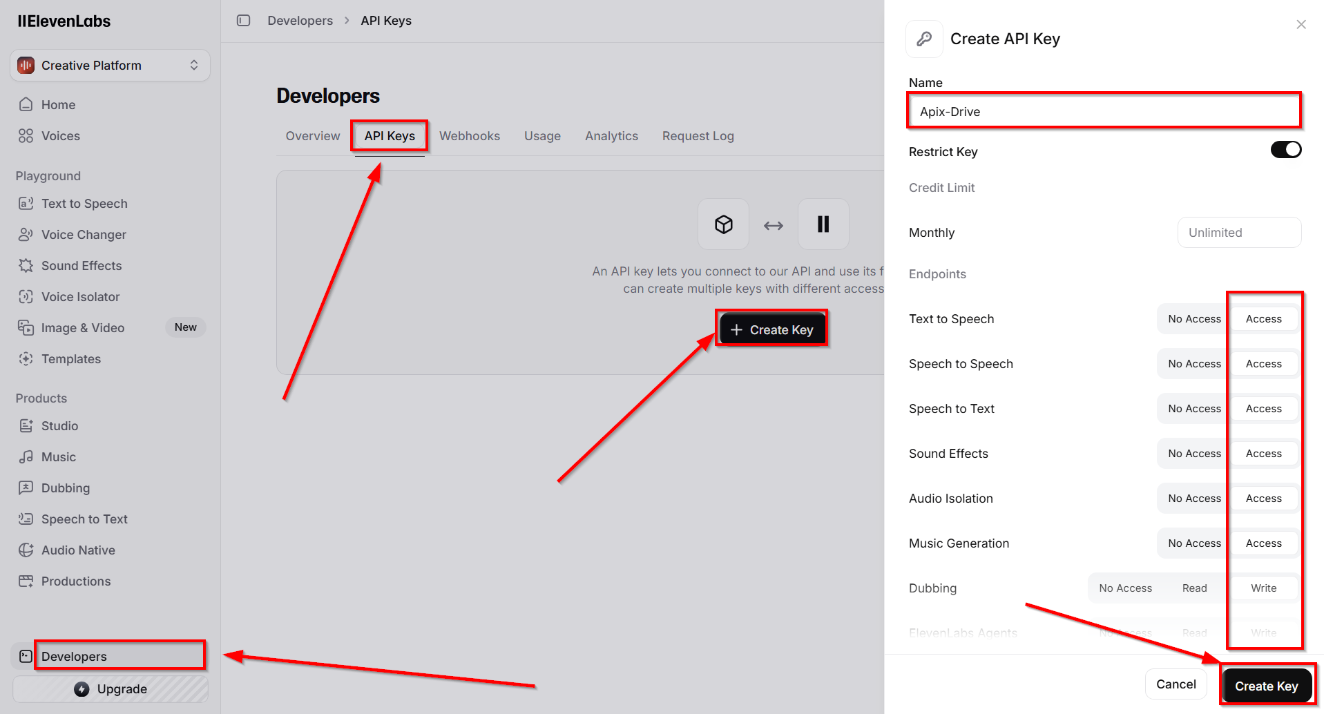 Настройка поиска данных Elevenlabs в Google Sheets | Создание ключа