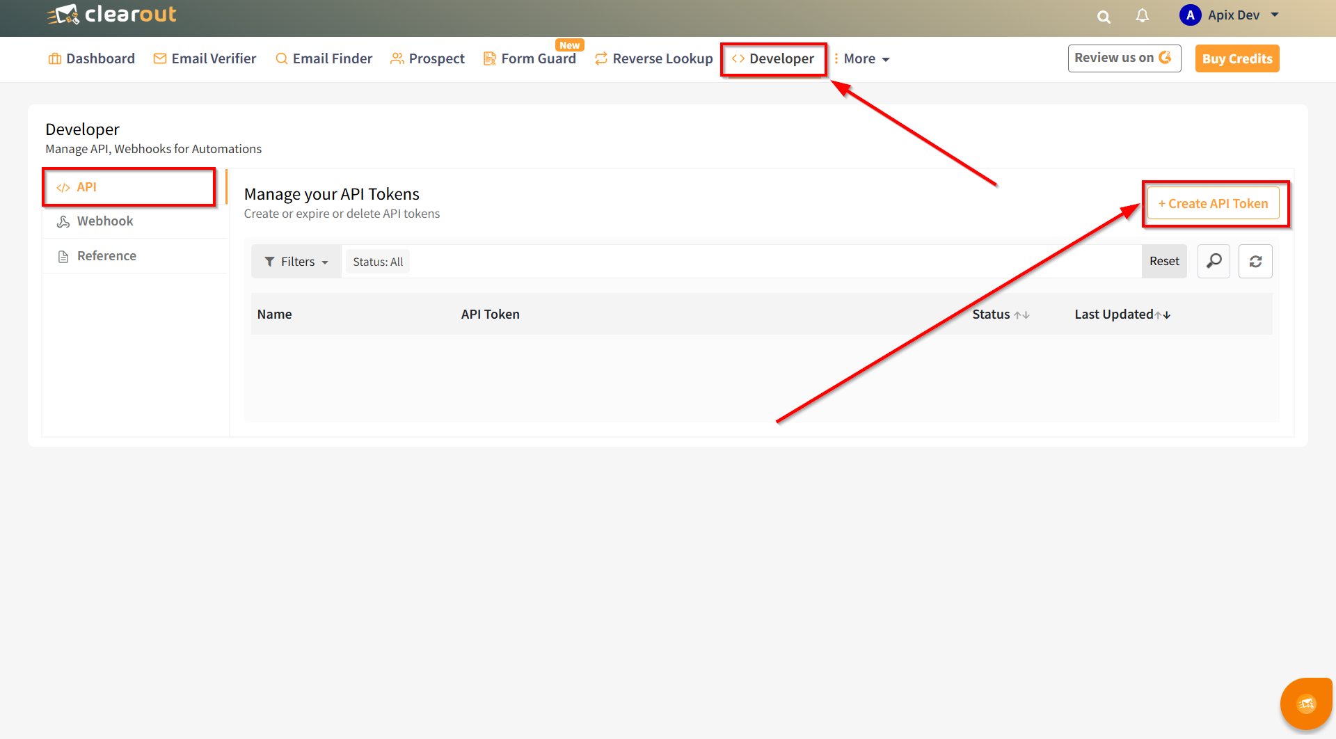 Настройка Поиска по Верификации E-MAIL Clearout в Google Sheets | Переход к настройкам Ключа API в Clearout