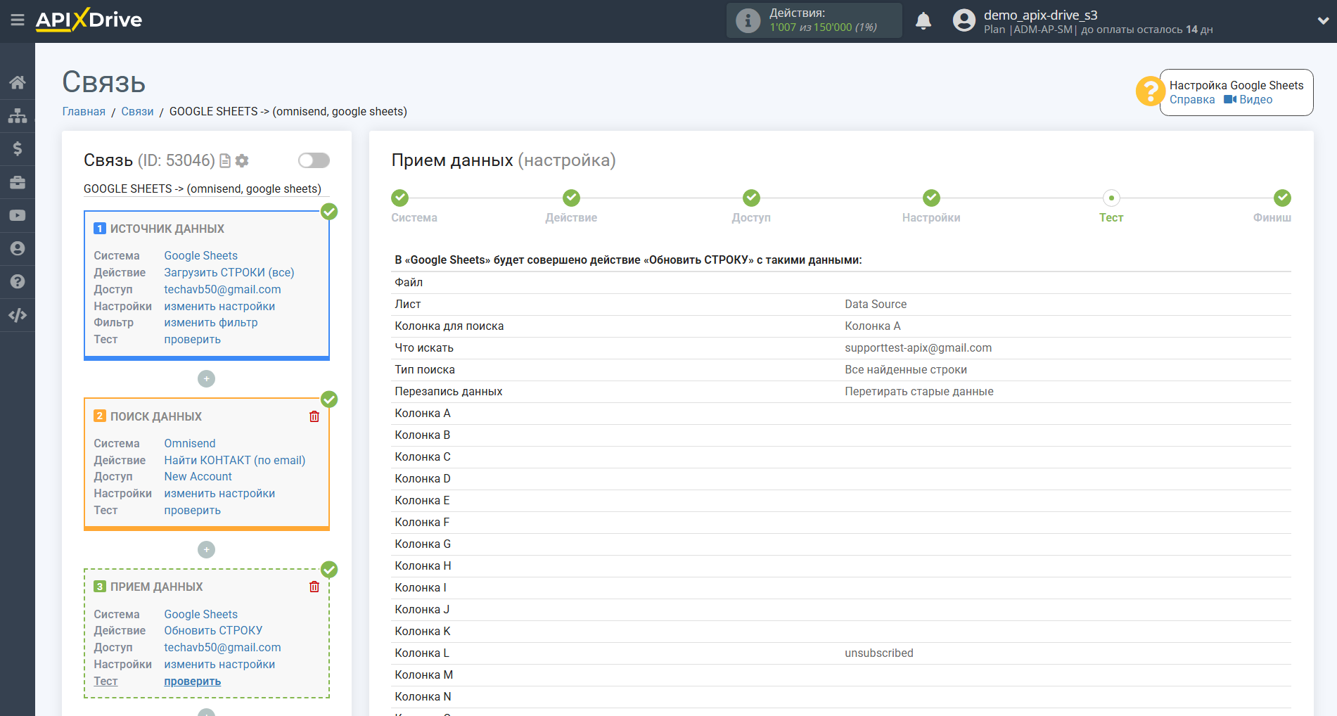Настройка Поиска Контакта Omnisend в Google Sheets | Тестовые данные
