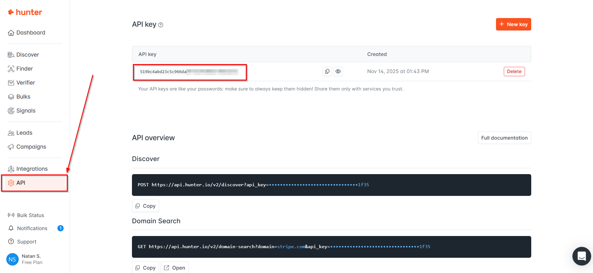 Настройка Поиска Hunter.io в Google Sheets | Расположение Ключа API в Hunter.io