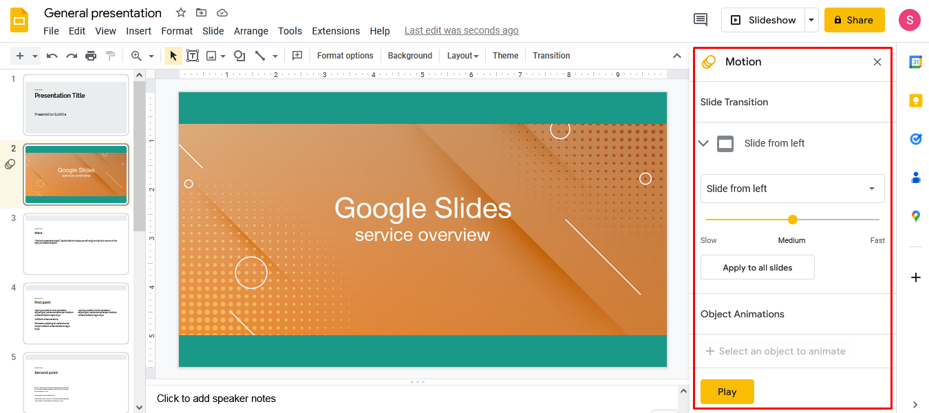  Обзор Google Slides | Анимация</p>
<p>» /></p>
<p>Если вы хотите узнать, как сделать слайд-шоу в Google Slides, то для этого также есть свой стандартный инструмент. Достаточно открыть вкладку “Вид” в верхнем меню и выбрать пункт “Слайд-шоу” или одновременно нажать кнопки «Ctrl + F5». Презентация откроется в полноэкранном режиме.</p><div class='code-block code-block-11' style='margin: 8px 0; clear: both;'>
<!-- 11electronika54 -->
<script src= 