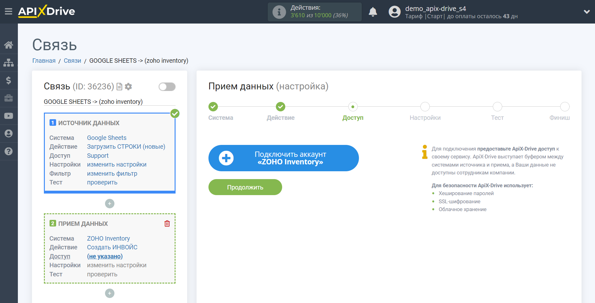 Настройка Zoho Inventory в качестве Приема данных | Подключение аккаунта