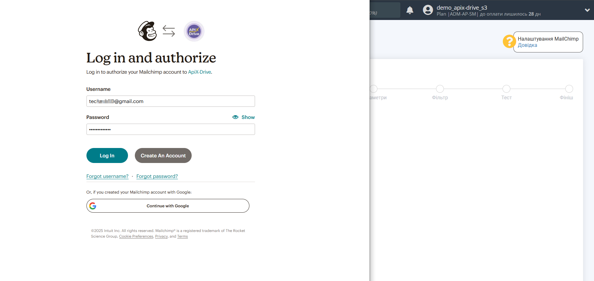 Налаштування MailChimp | Виберіть акаунт Google для підключення
