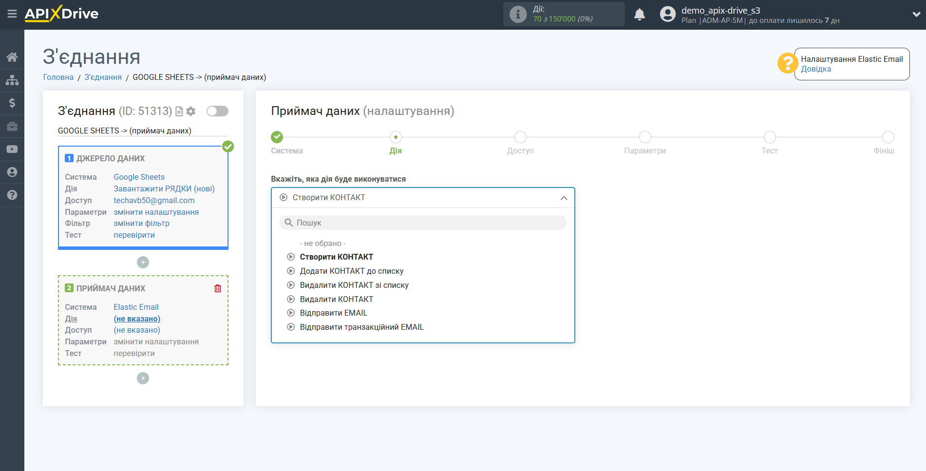 Налаштування Приймача даних Elastic Email | Вибір дії Налаштування Приймача даних Elastic Email | Вибір дії