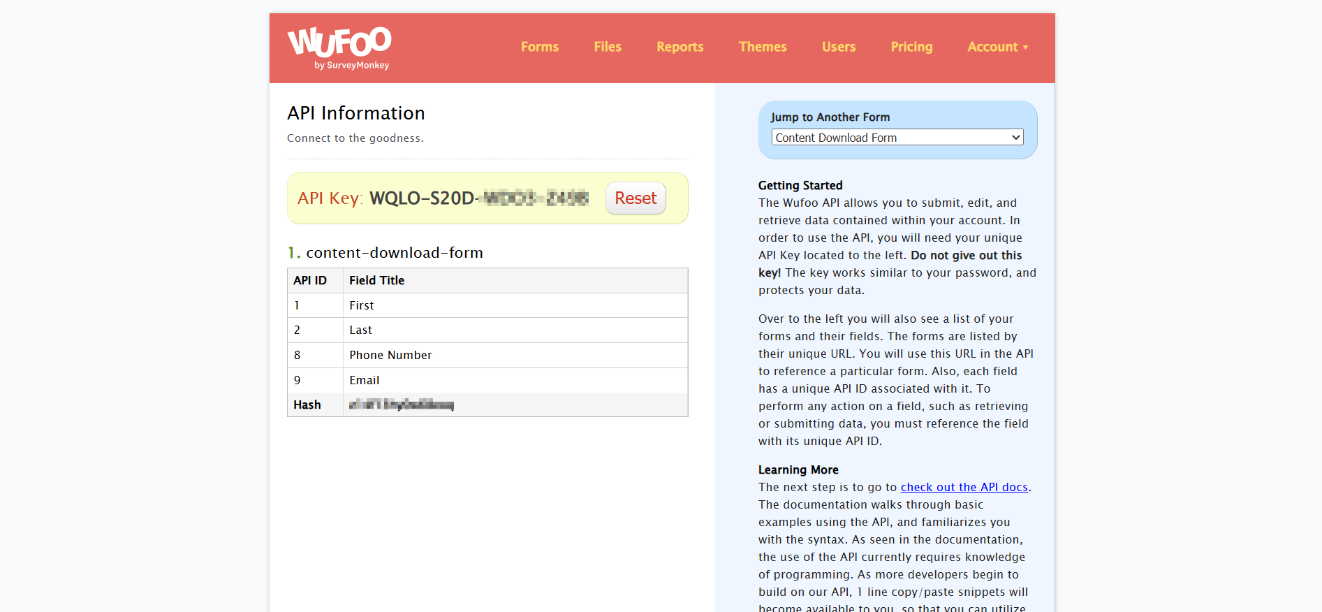 Налаштування WuFoo | Копіювання API ключа WuFoo