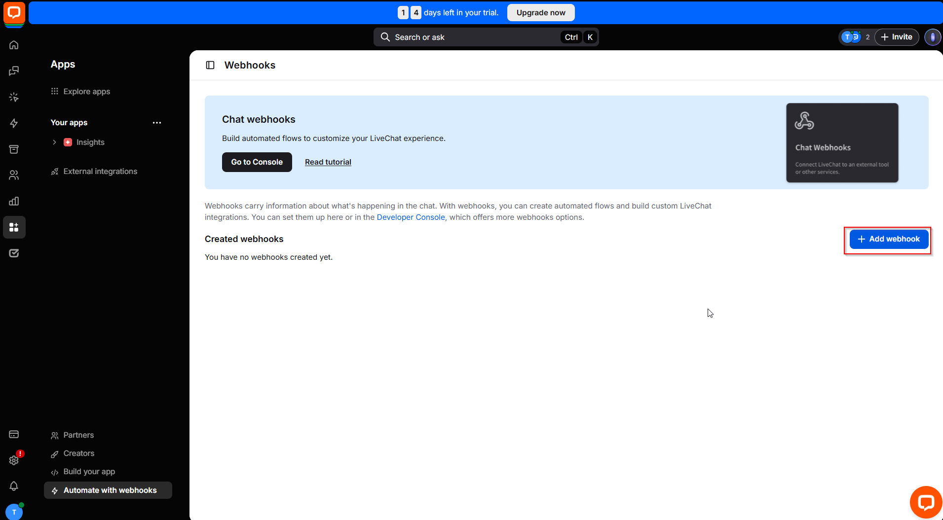 Налаштування LiveChat | Налаштування Webhook