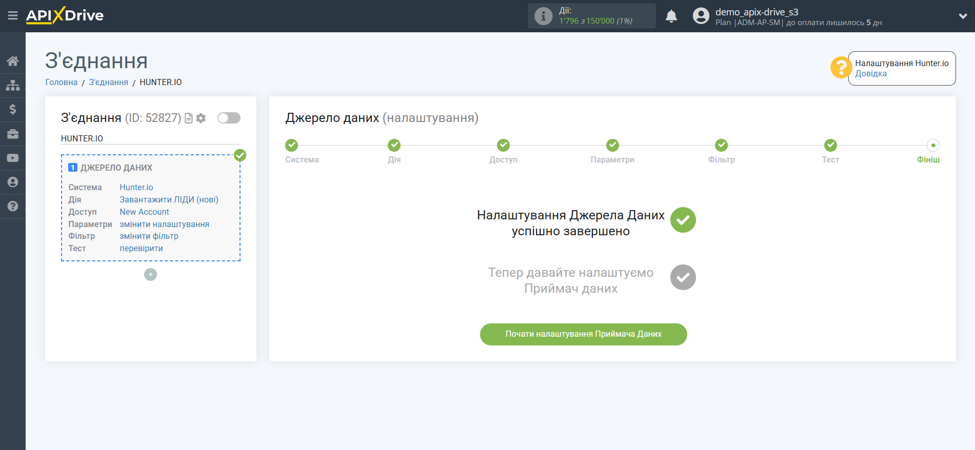 Налаштування Hunter.io | Перехід до налаштування приймача даних