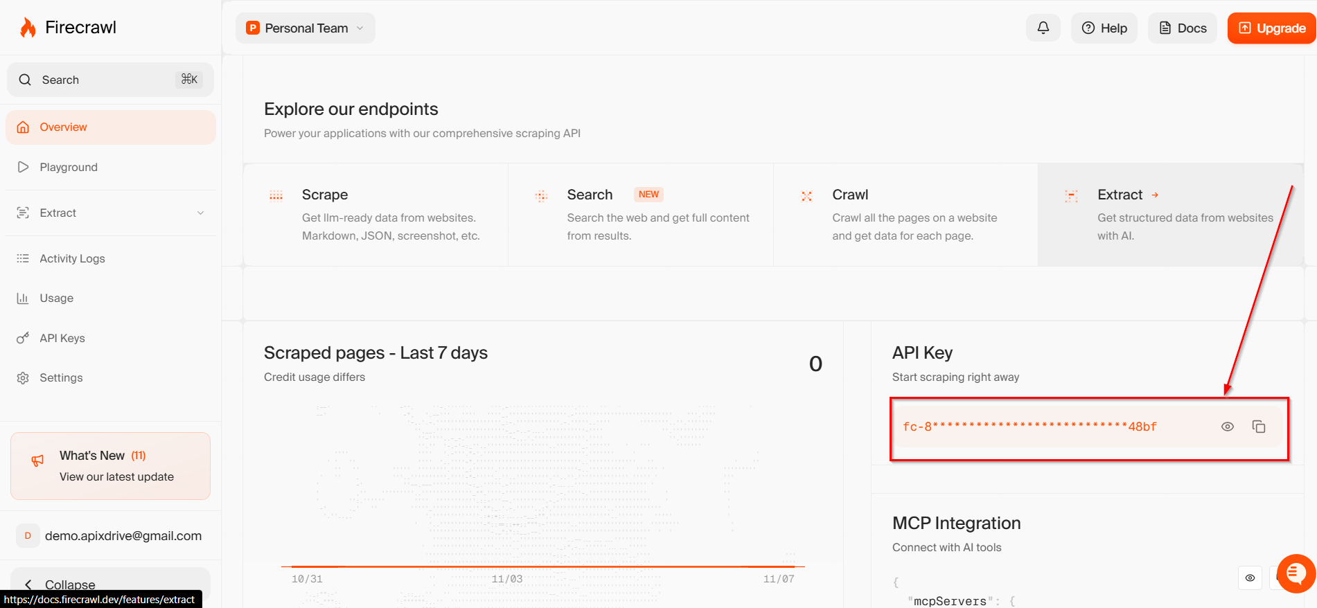 Налаштування пошуку даних за дією "Парсинг URL" у Firecrawl у Google Sheets | Перехід до налаштувань Firecrawl Налаштування пошуку даних за дією "Парсинг URL" у Firecrawl у Google Sheets | Перехід до налаштувань Firecrawl