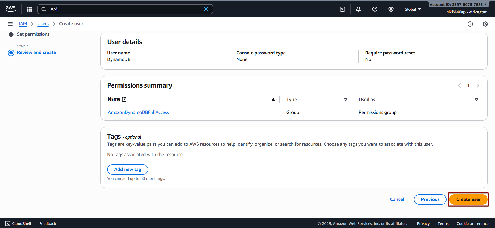 Налаштування Amazon DynamoDB Створення тегів для користувача
