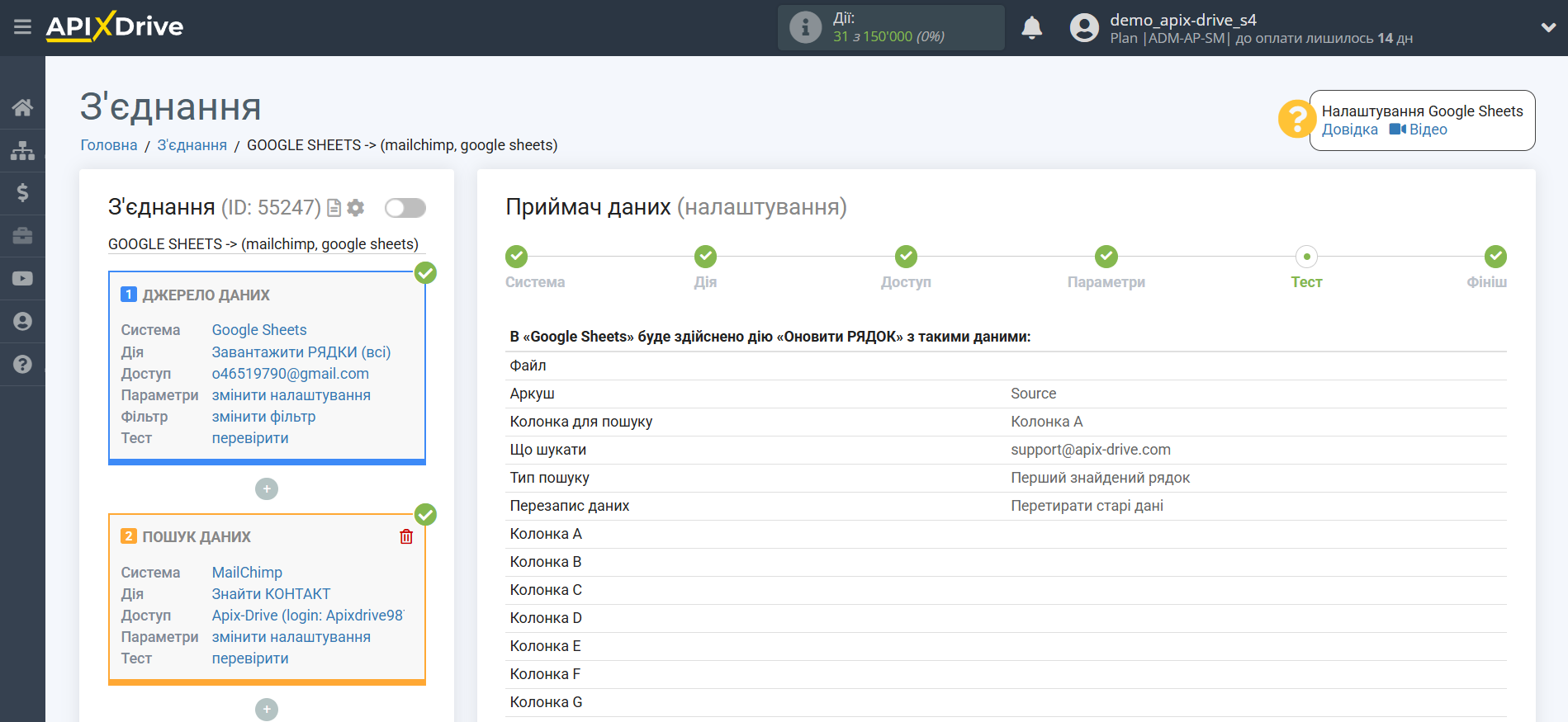 Налаштування Пошуку Контакту MailChimp у Google Sheets | Тестові дані Налаштування Пошуку Контакту MailChimp у Google Sheets | Тестові дані