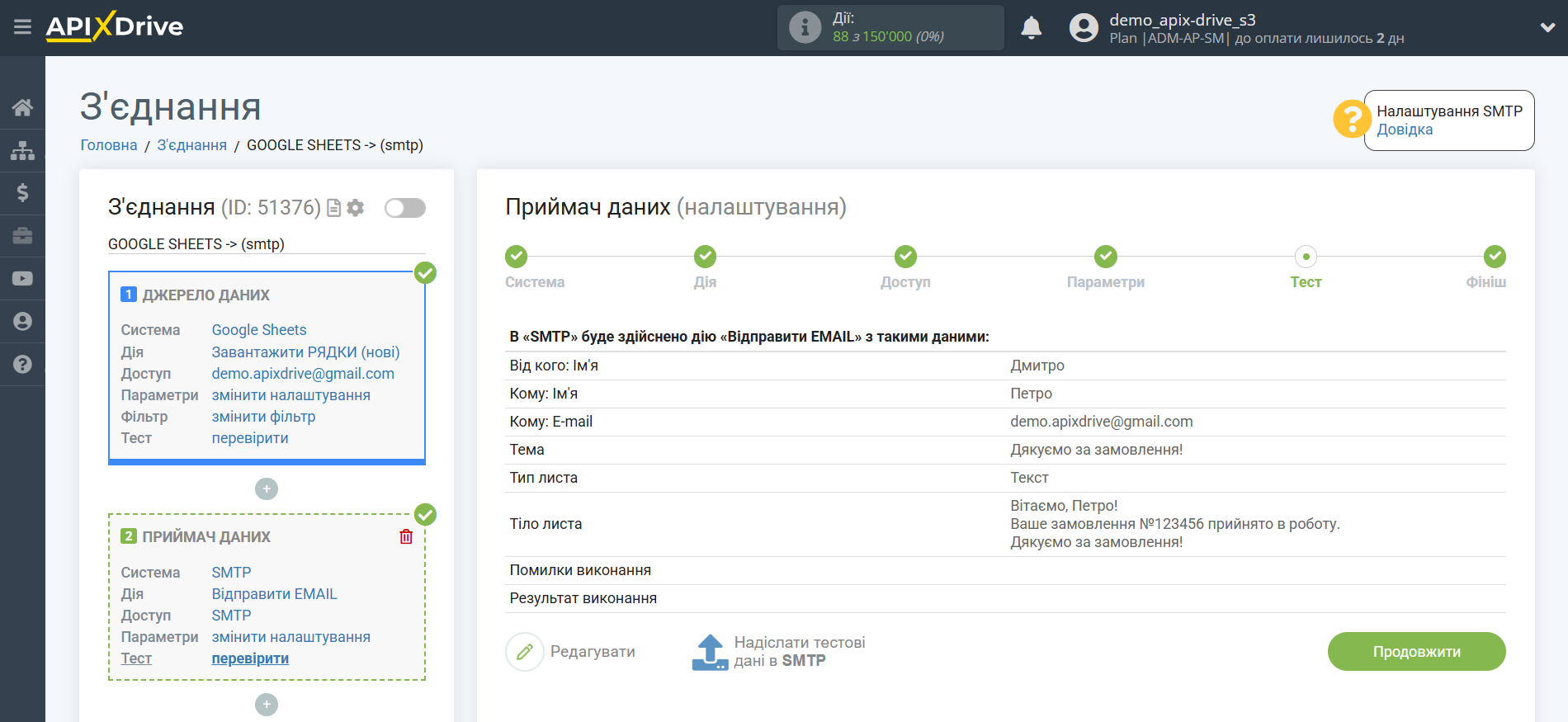 Налаштування Приймача даних SMTP | Тестові дані Налаштування Приймача даних SMTP | Тестові дані