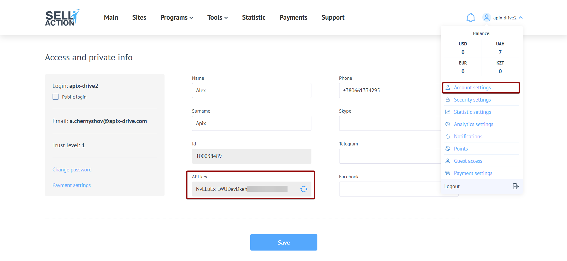 Налаштування SellAction | Ключ API у SellAction