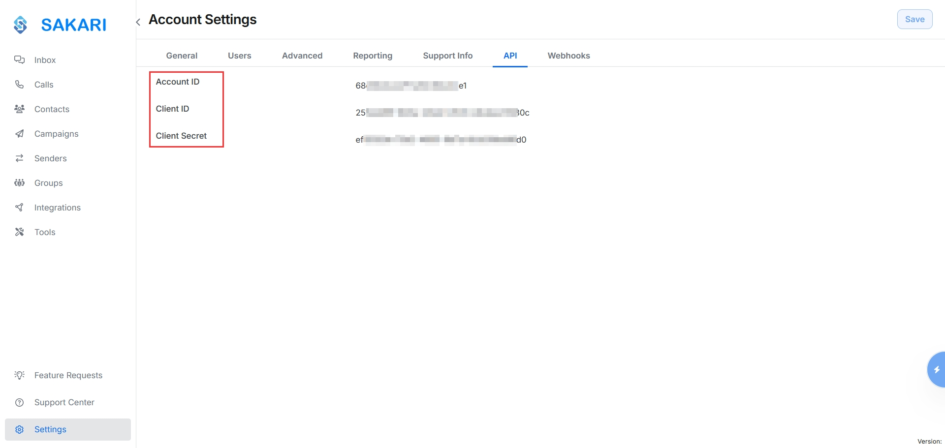 Налаштування Приймача даних Sakari | Копіювання "Account id", "Client id" та "Client Secret"